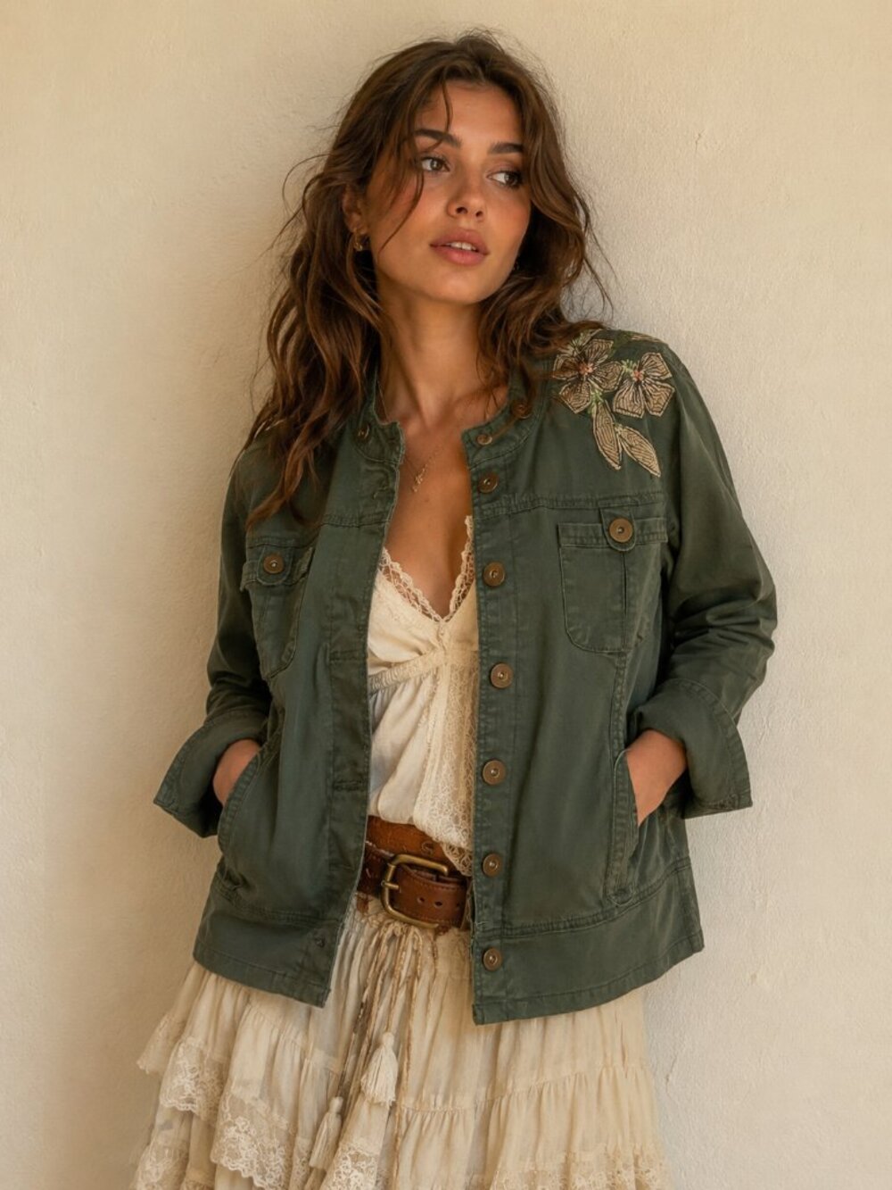 Military Olive Green Floral Embroidered Utility Jacket Susan Bristol Boho